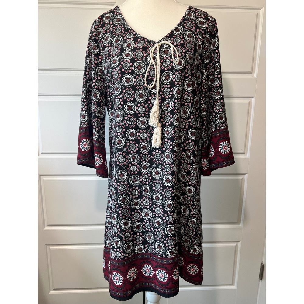 Love Luscious Floral Print Dress Tassel Tie Neck 3/4 Sleeve‎ Boho Chic S
